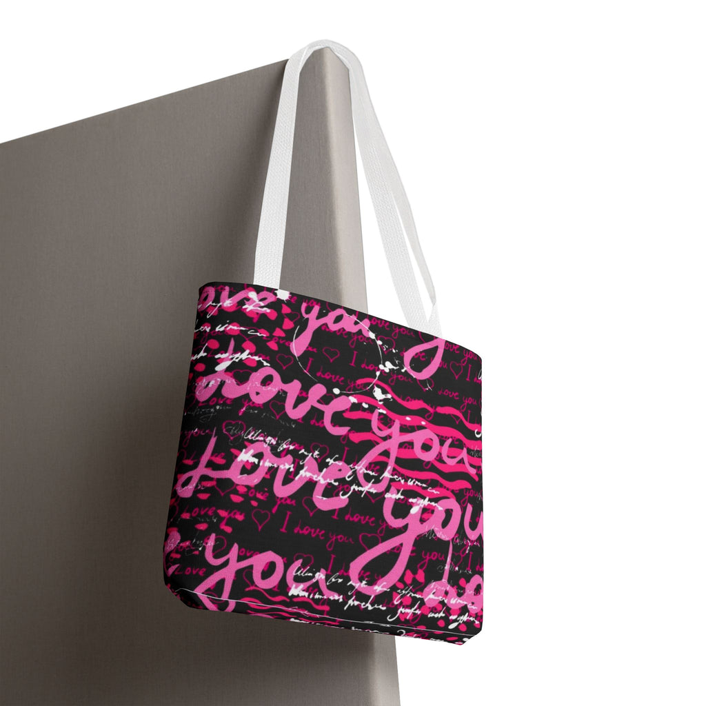 Love You Script Pattern Tote Bag – Pink Graffiti All-Over Print