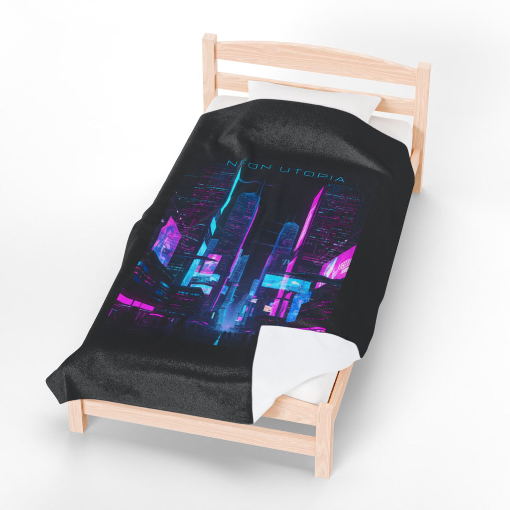Neon Utopia Cyberpunk Skyline Velveteen Plush Blanket | synthwave cityscape, neon aesthetic