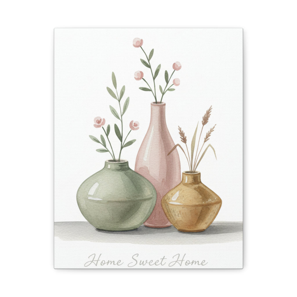 Home Sweet Home Canvas Wall Art — Pastel Vases Still Life Matte Stretched Canvas