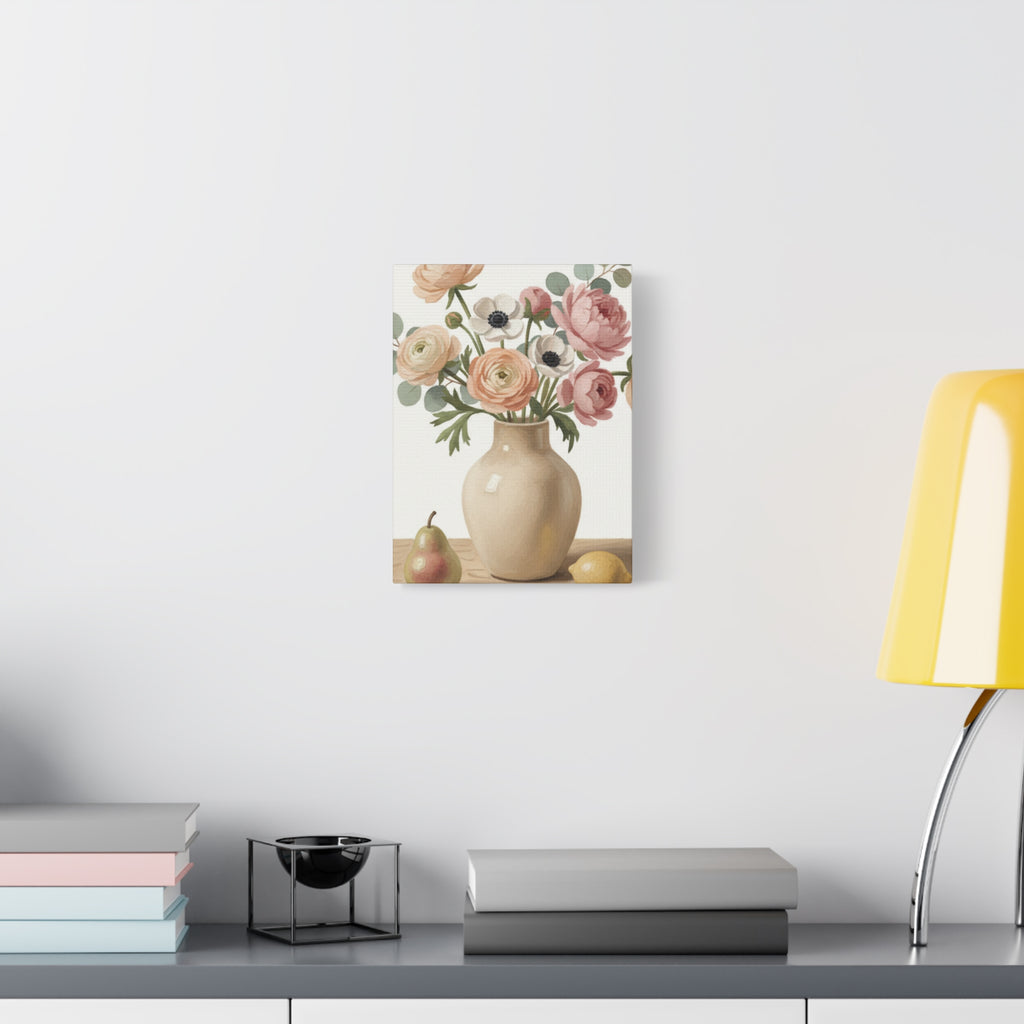 Floral Vase Canvas Wall Art — Pastel Peonies & Ranunculus Stretched Print