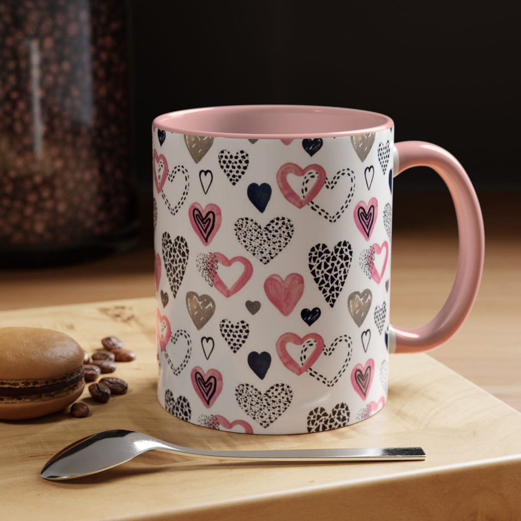 Heart Pattern Accent Coffee Mug — Pink & Navy Love Design (11/15 oz)