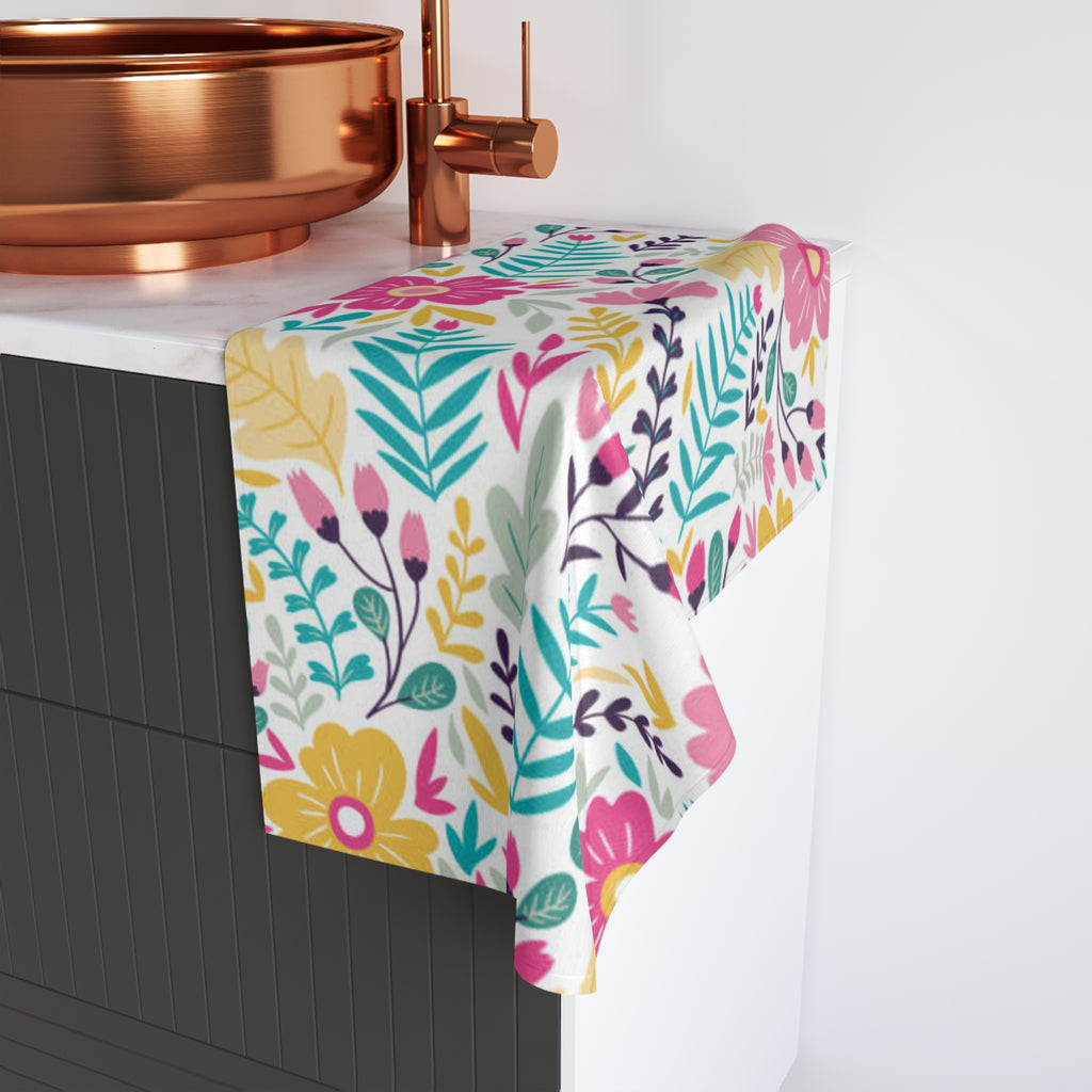 Floral Spring Bouquet Hand Towel — Bright Pink & Teal Kitchen Towel