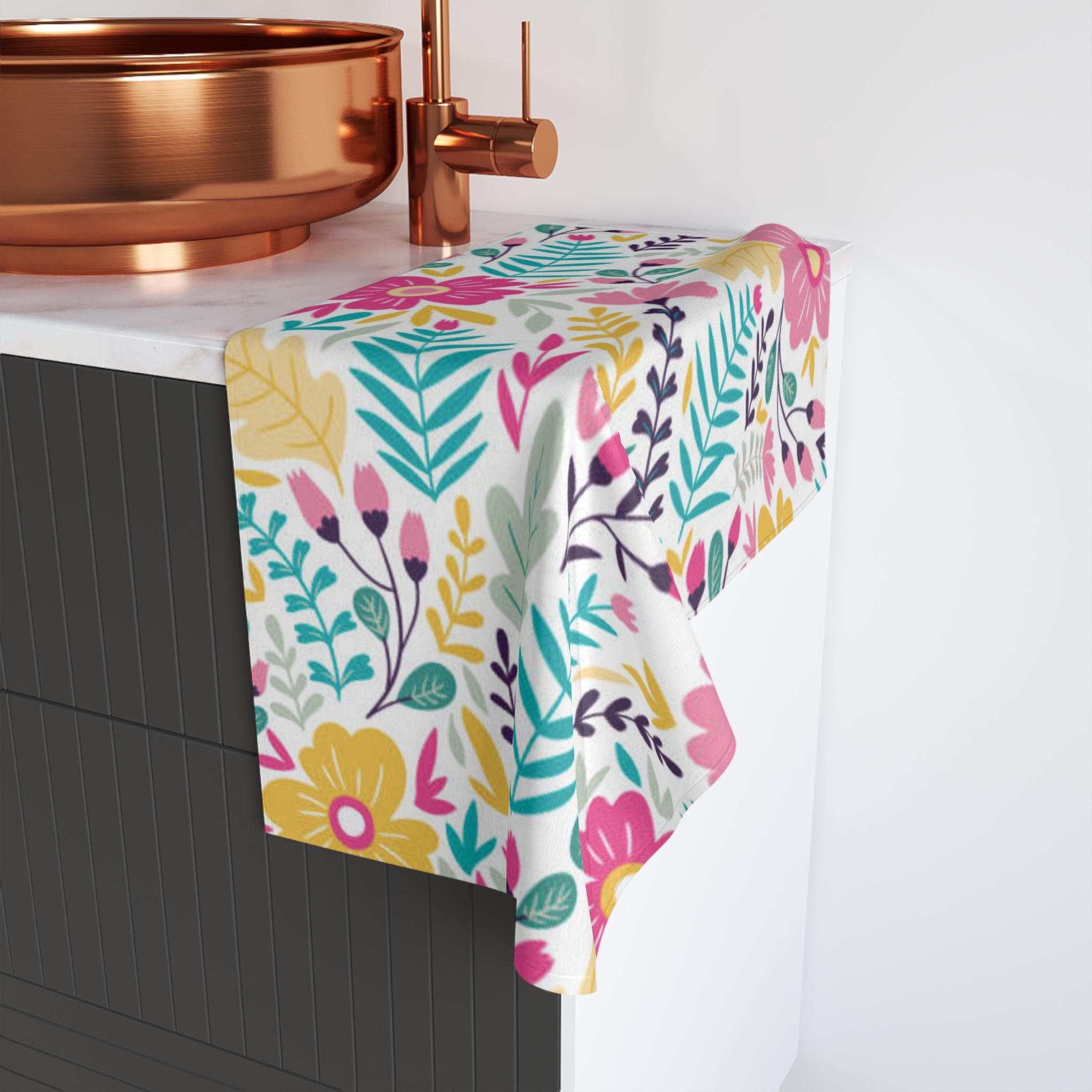 Floral Spring Bouquet Hand Towel — Bright Pink & Teal Kitchen Towel