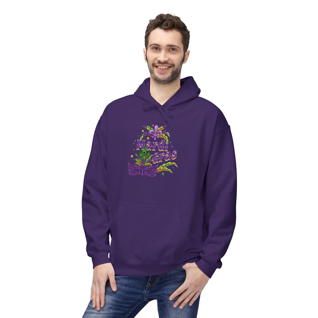Mardi Gras Mask Hoodie — Purple Green Gold Carnival Pullover