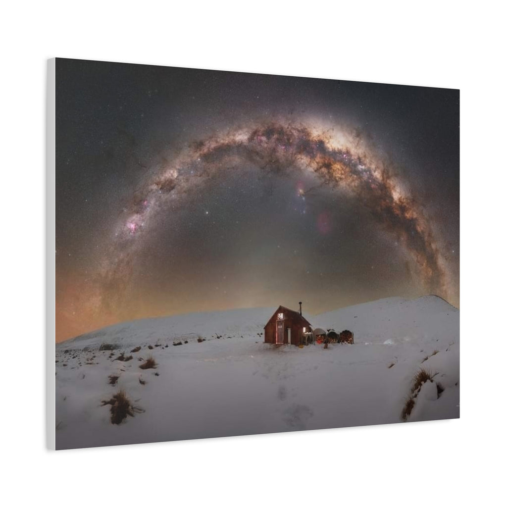 Milky Way Over Snowy Cabin — Matte Stretched Canvas Wall Art