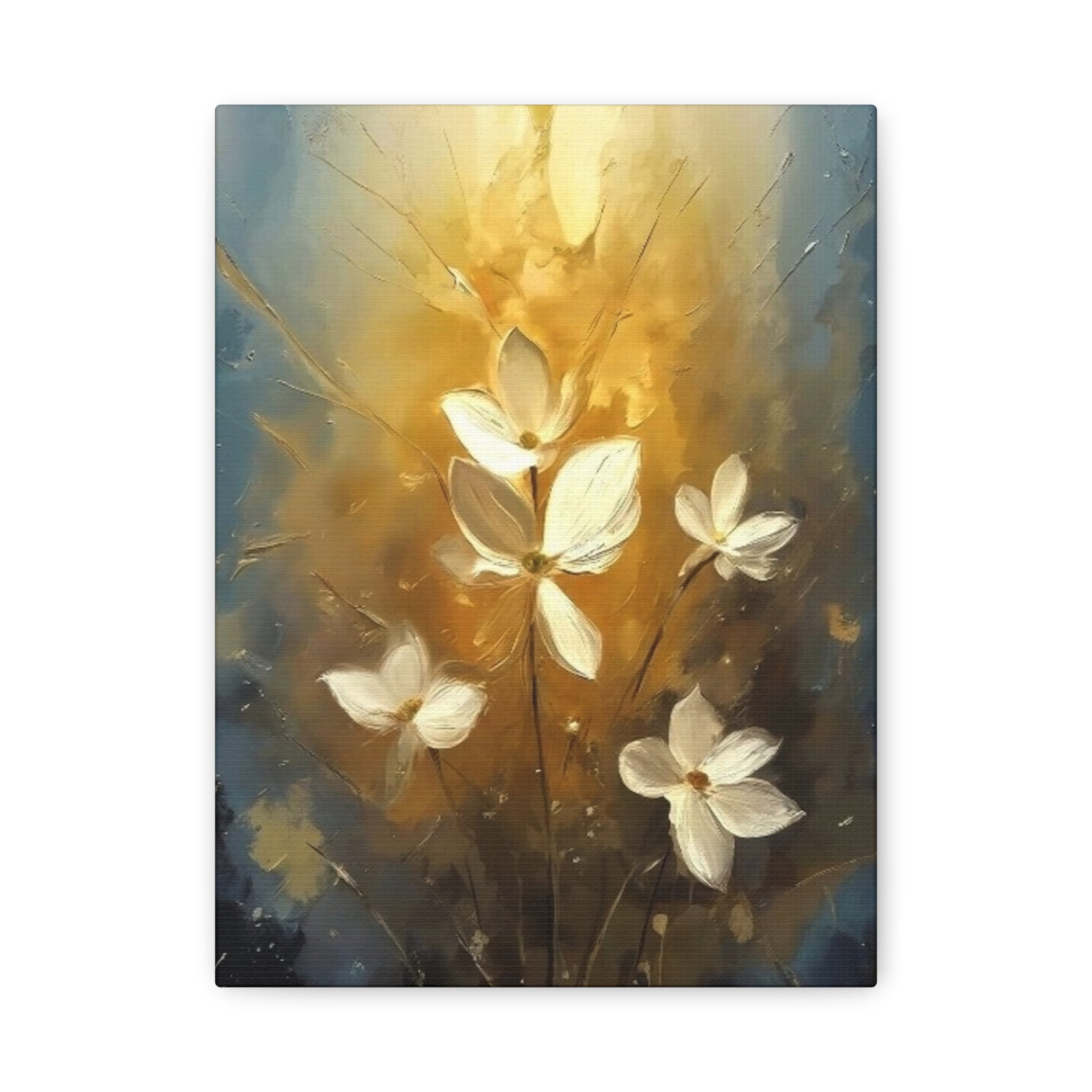 Golden Floral Canvas Print – Abstract White Flowers on Matte Stretched Canvas