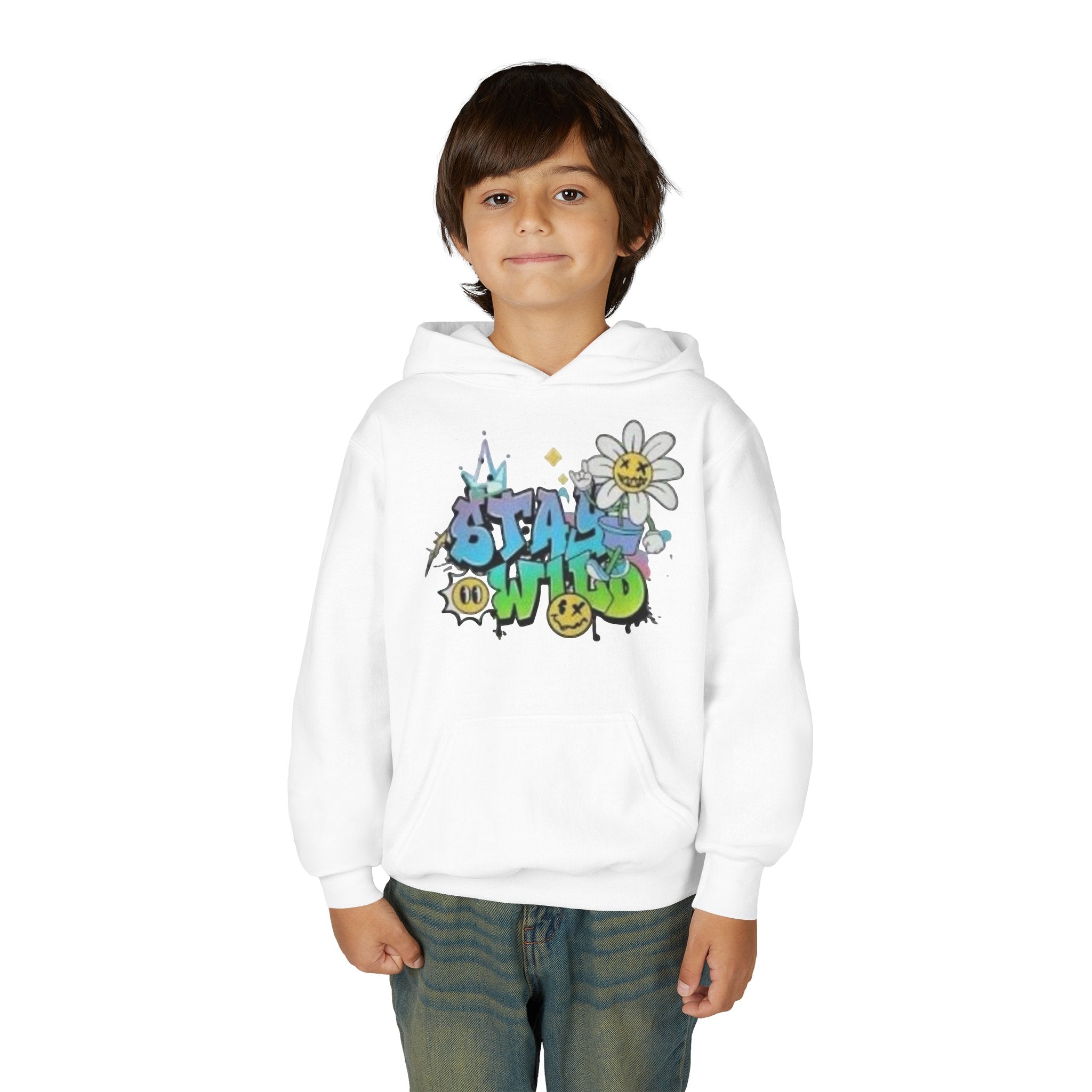 Youth Hoodie — "Stay Wild" Graffiti Daisy Streetwear