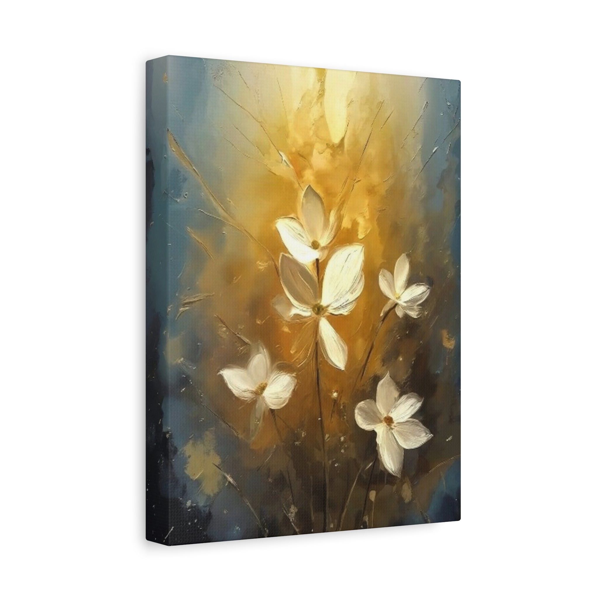 Golden Floral Canvas Print – Abstract White Flowers on Matte Stretched Canvas