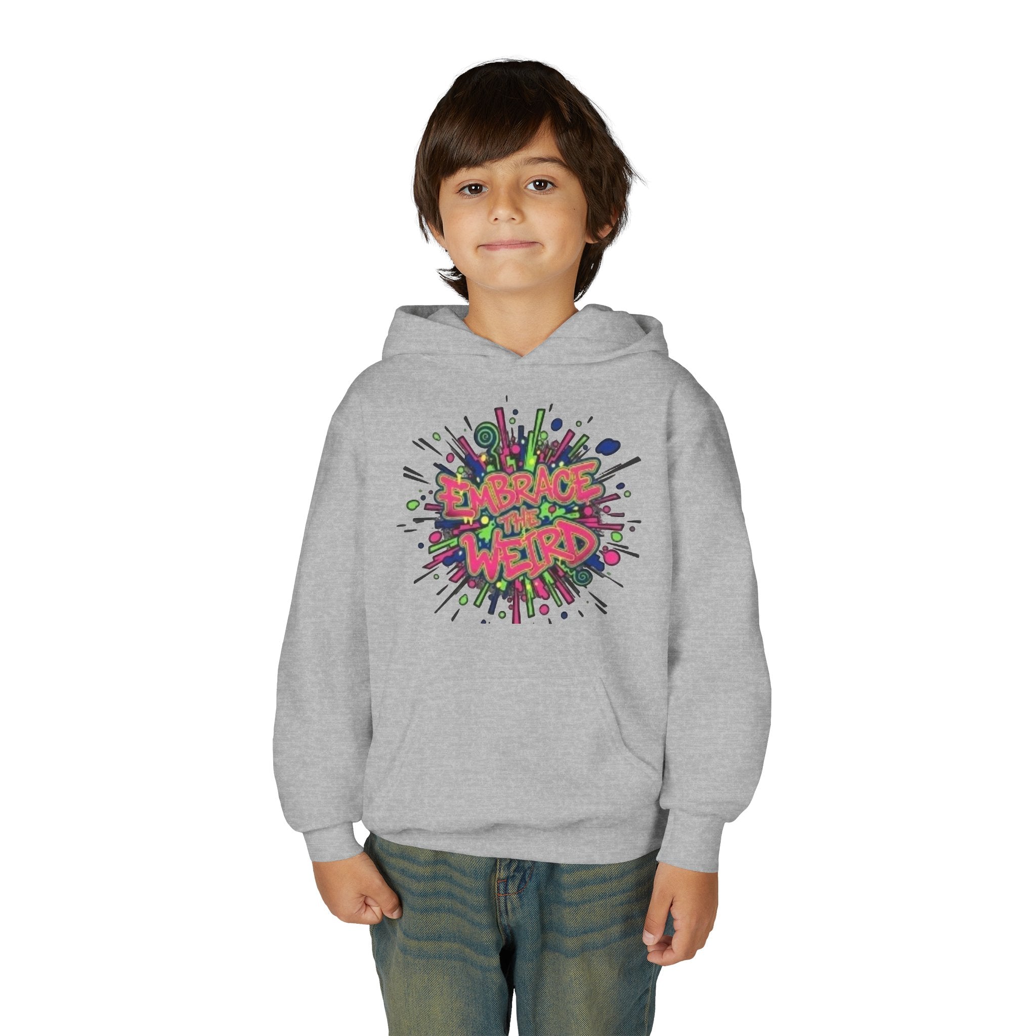 Youth Hoodie — "Embrace the Weird" Colorful Graffiti Graphic
