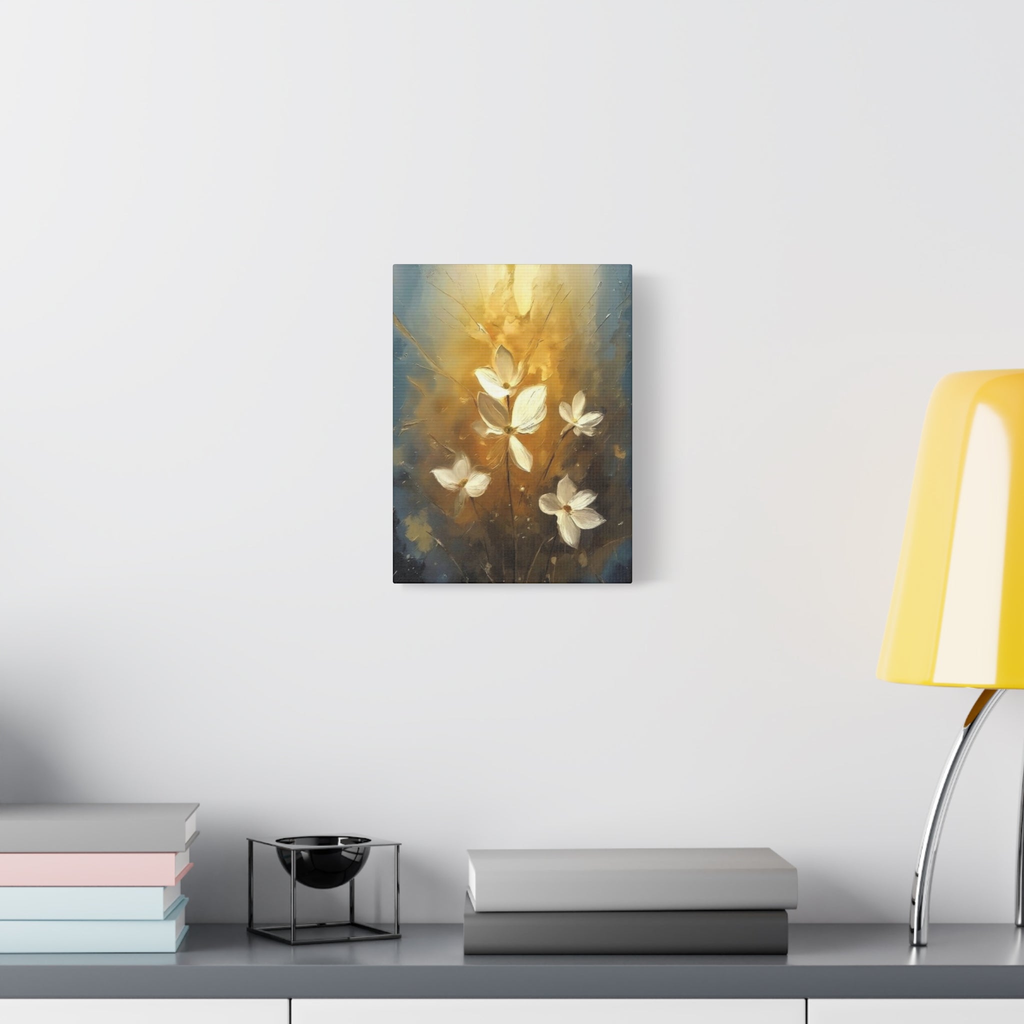 Golden Floral Canvas Print – Abstract White Flowers on Matte Stretched Canvas