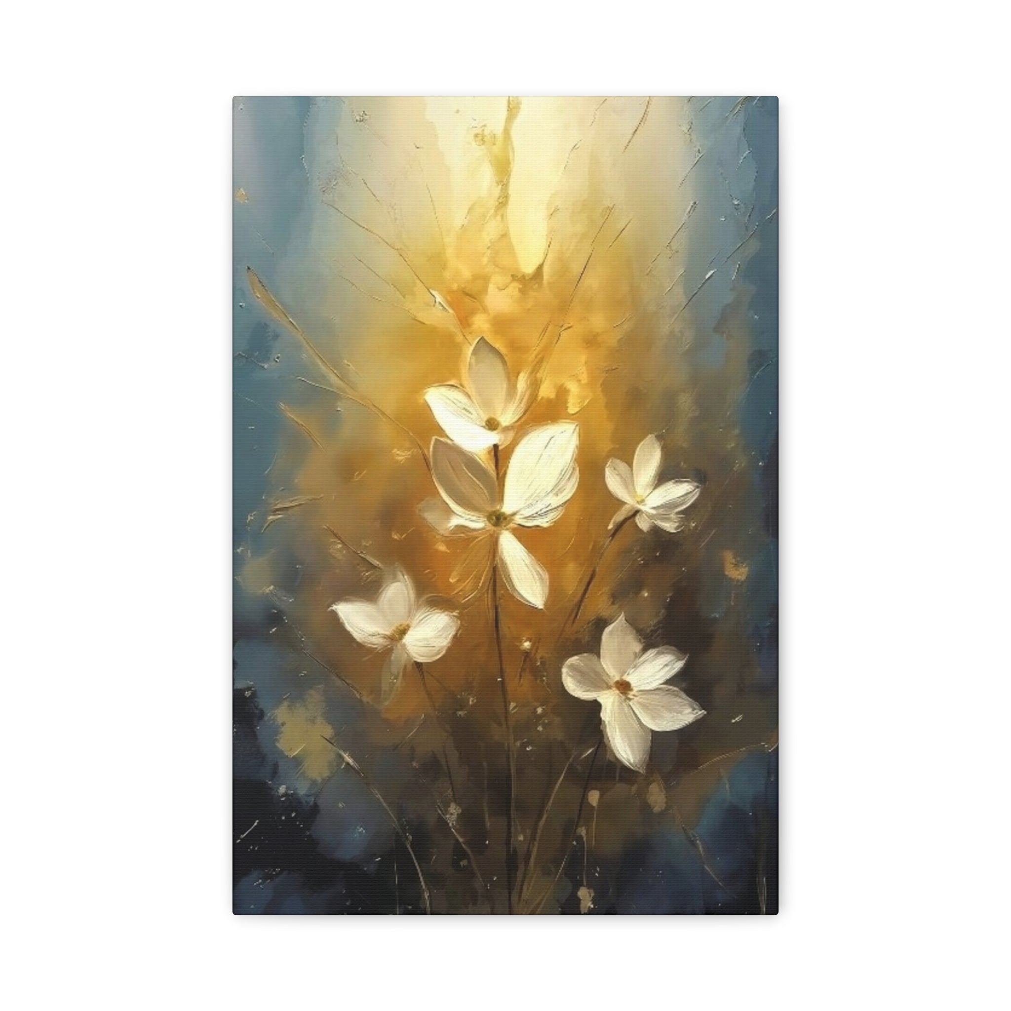 Golden Floral Canvas Print – Abstract White Flowers on Matte Stretched Canvas