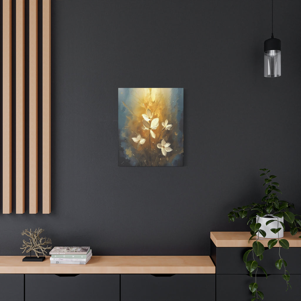 Golden Floral Canvas Print – Abstract White Flowers on Matte Stretched Canvas