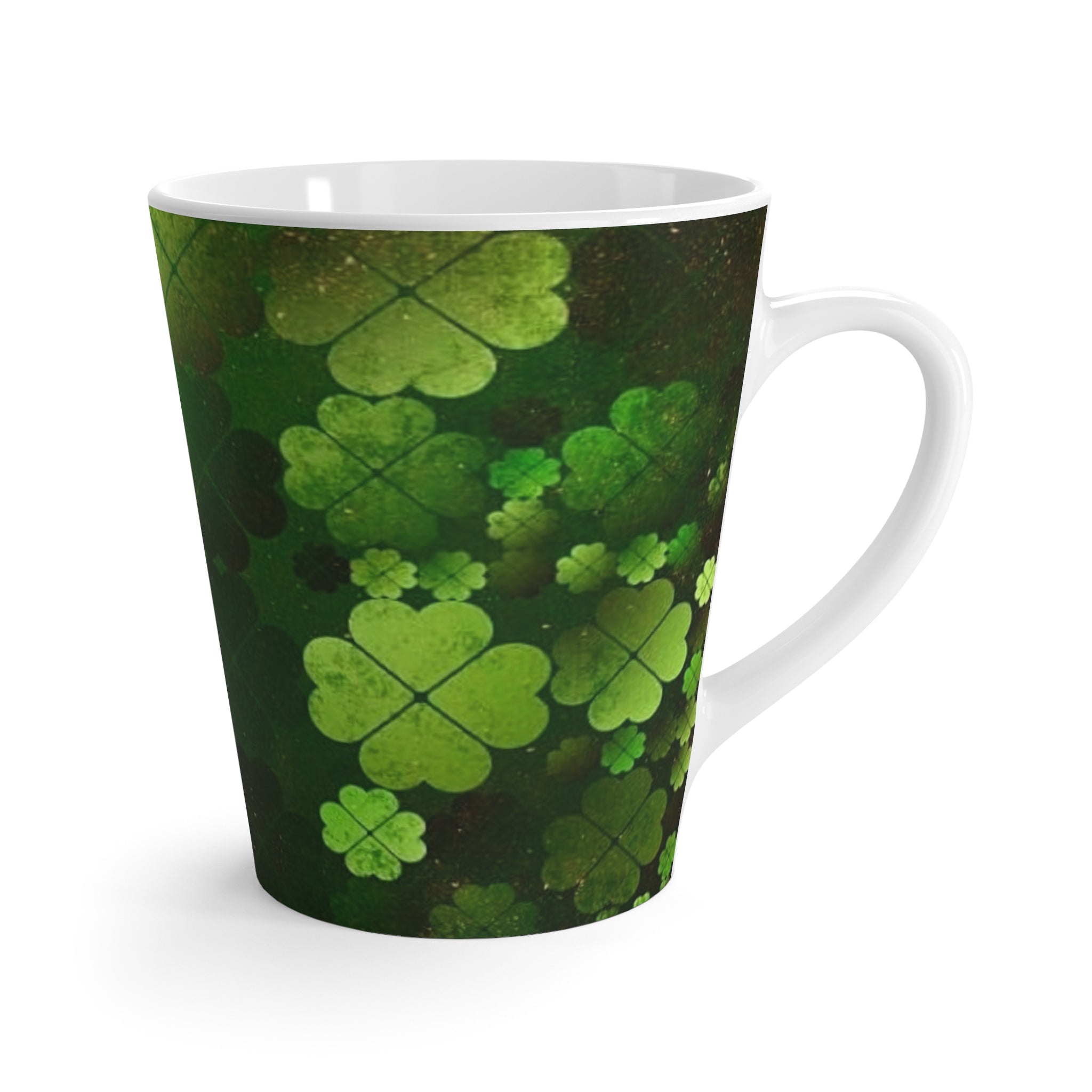 St. Patrick’s Clover Latte Mug — Green Four-Leaf Shamrock Pattern