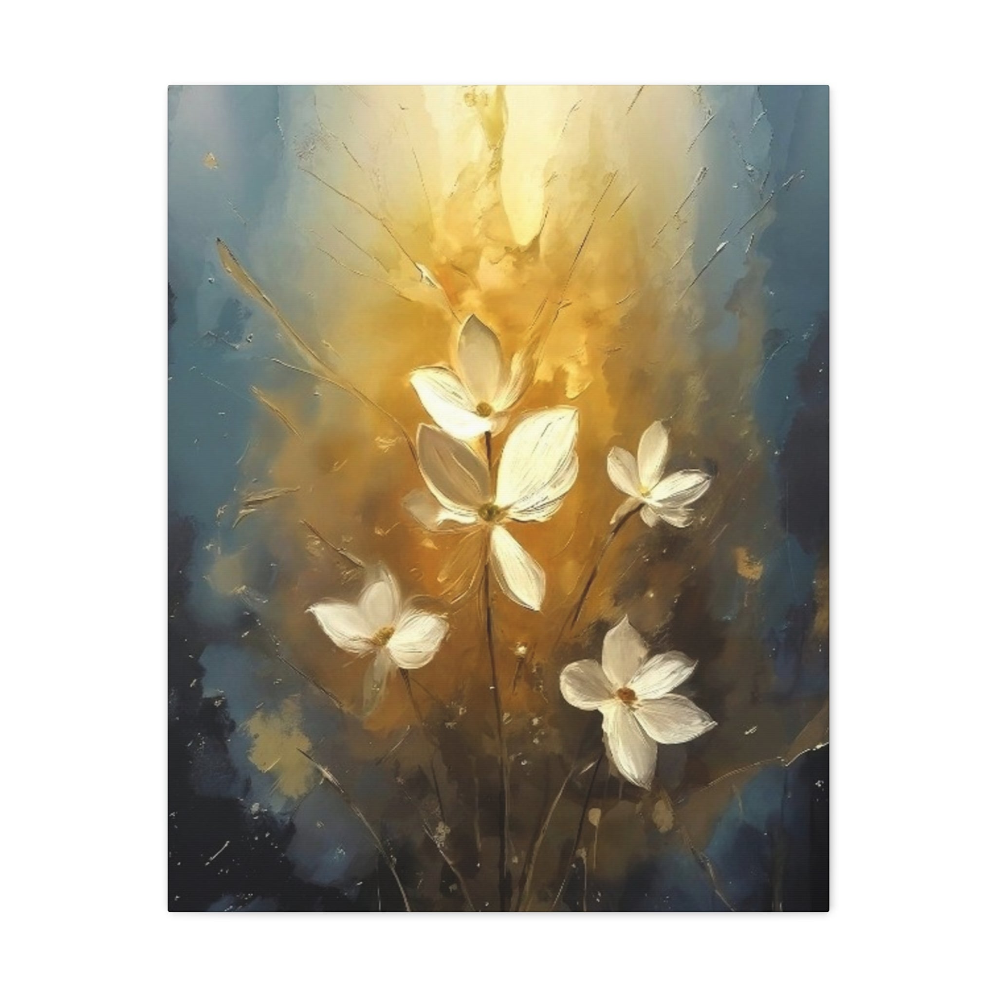 Golden Floral Canvas Print – Abstract White Flowers on Matte Stretched Canvas