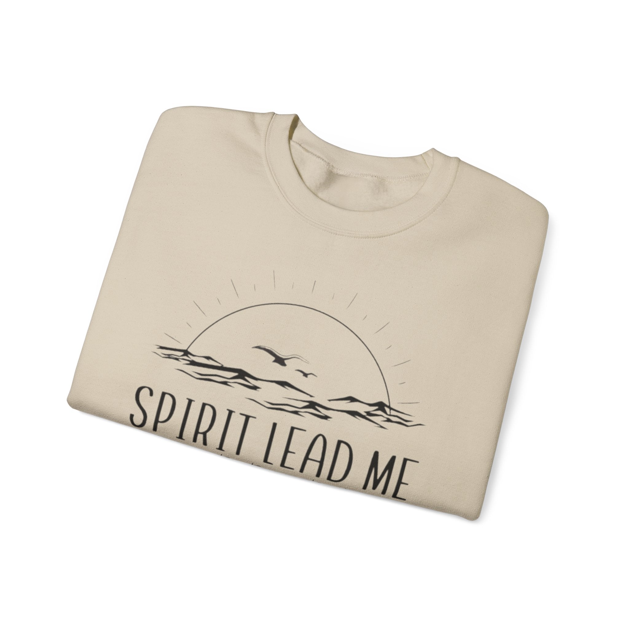 Spirit Lead Me Crewneck Sweatshirt — Minimal Sunrise Mountain Christian Prayer Pullover