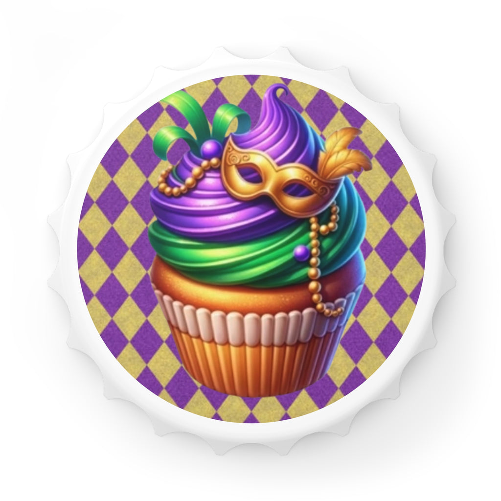 Mardi Gras Cupcake Bottle Opener — Purple Green Gold Festival Bar Tool