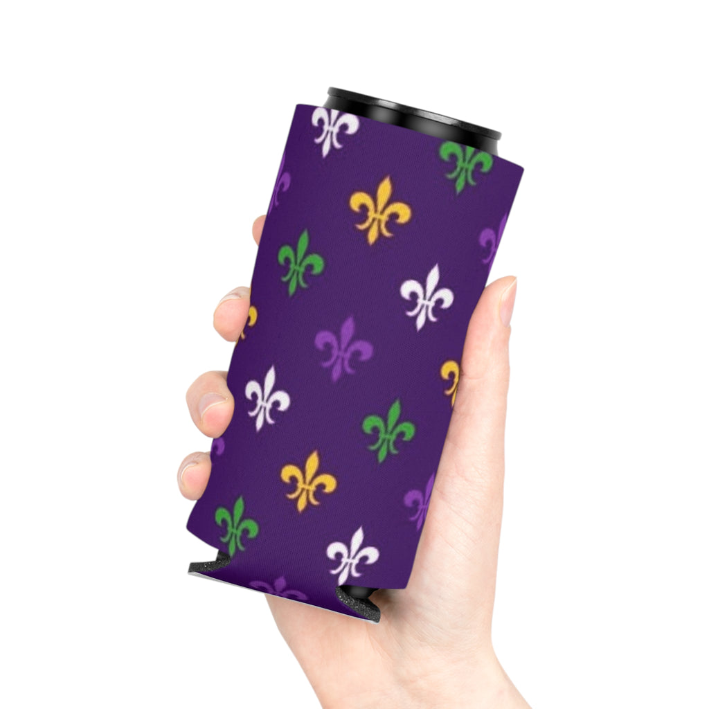 Mardi Gras Fleur-de-Lis Can Cooler – Purple, Green & Gold Party Koozie