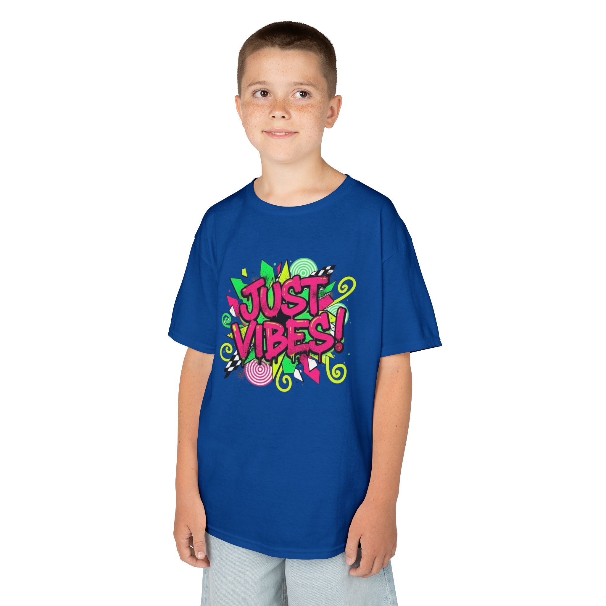 Kids T‑Shirt — "Just Vibes" Neon Graffiti Graphic Tee for Playful, Trendy Kids