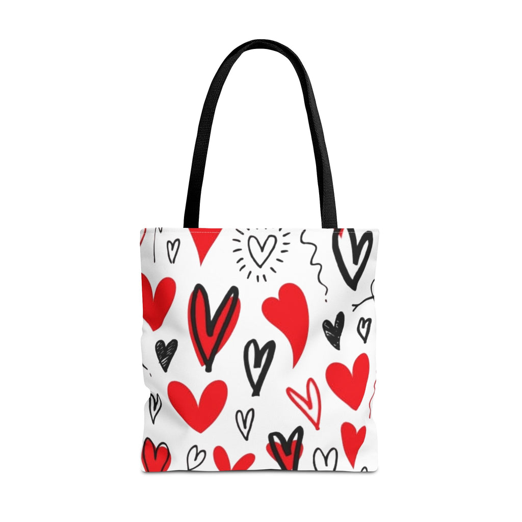 Heart Pattern Tote Bag — Red & Black Doodle Hearts All-Over Print