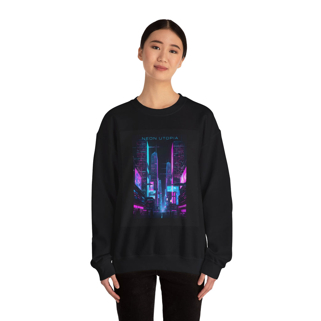 Neon Cyberpunk Skyline Sweatshirt | synthwave skyline, futurist city art