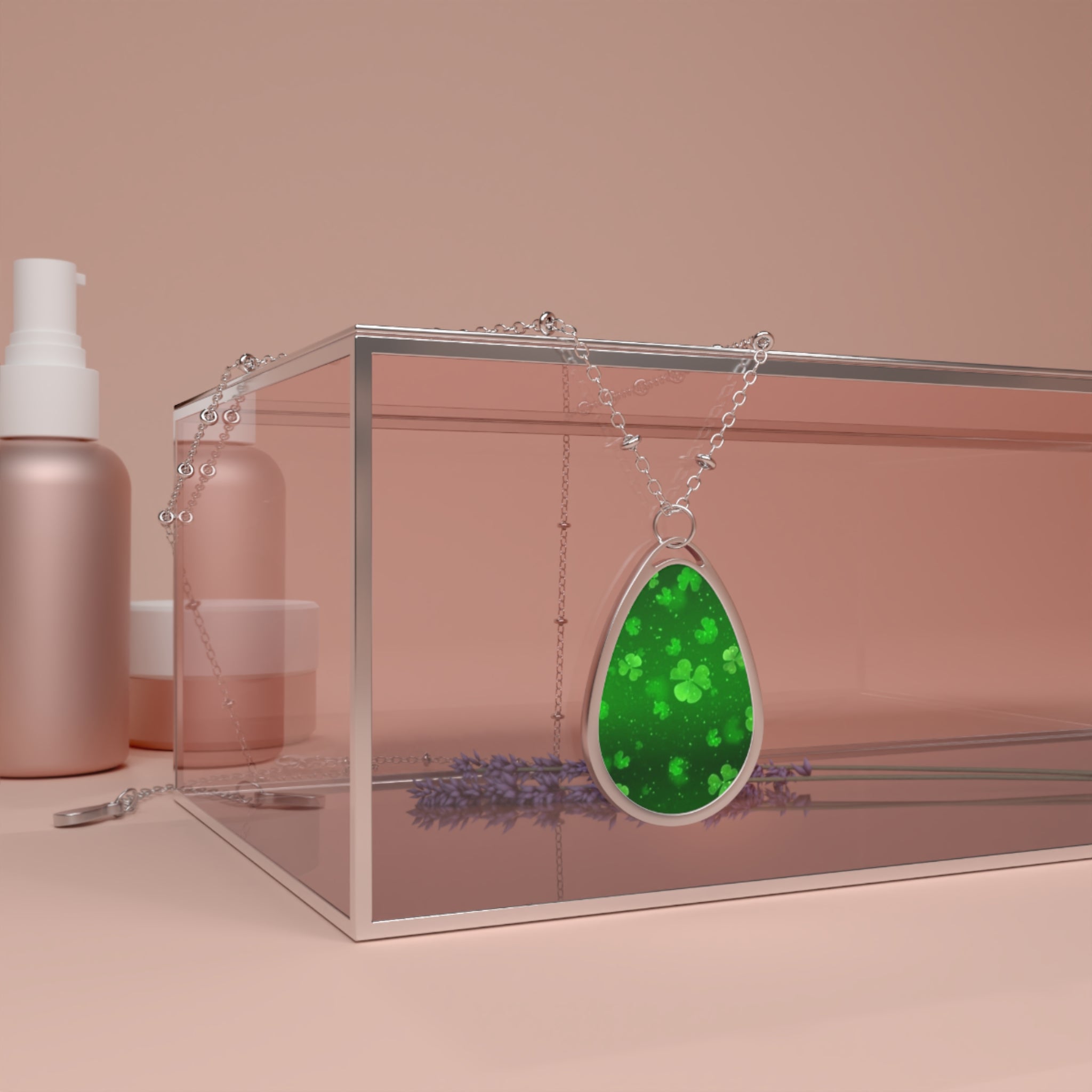 St. Patrick’s Day Oval Pendant Necklace — Green Shamrock Teardrop Locket