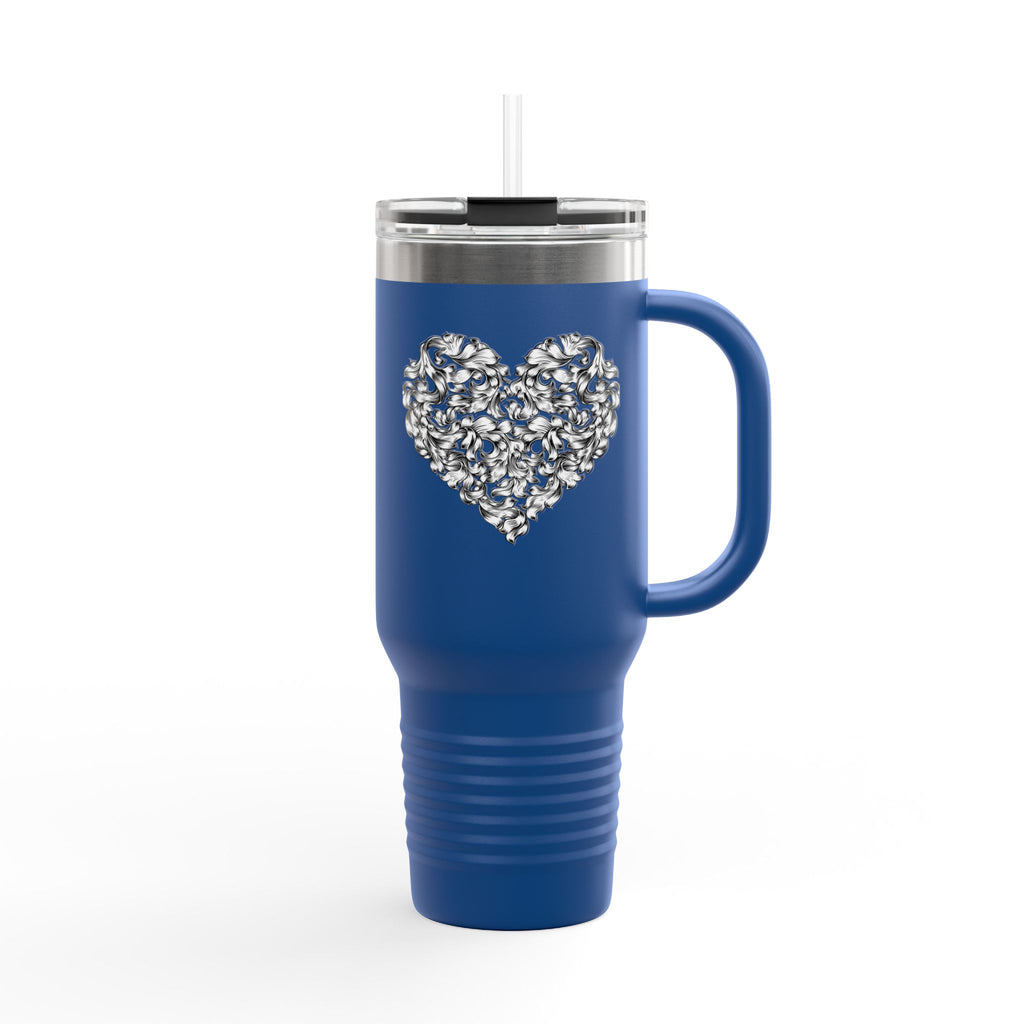 40oz Insulated Travel Mug — Silver Doodle Heart Design