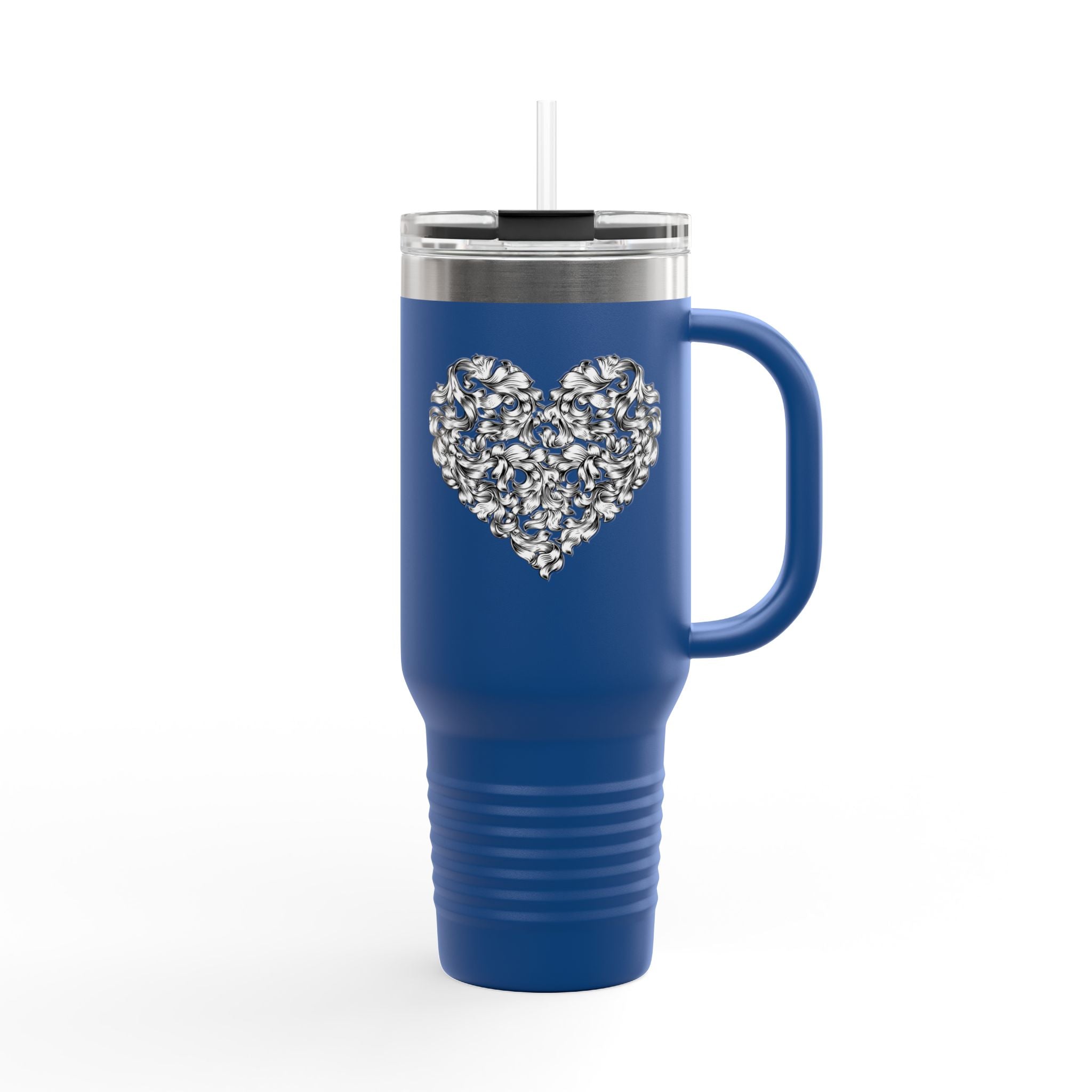 40oz Insulated Travel Mug — Silver Doodle Heart Design