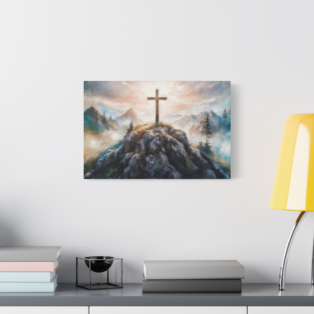 Cross on Mountain Matte Canvas Wall Art — Christian Inspirational Landscape