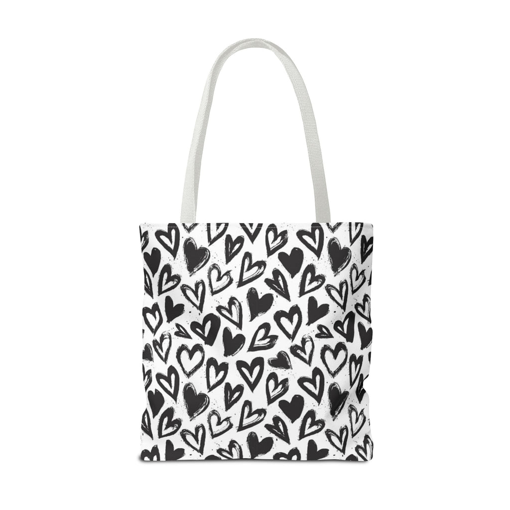Heart Pattern Tote Bag — Black & White Hand-Drawn Hearts All-Over Print