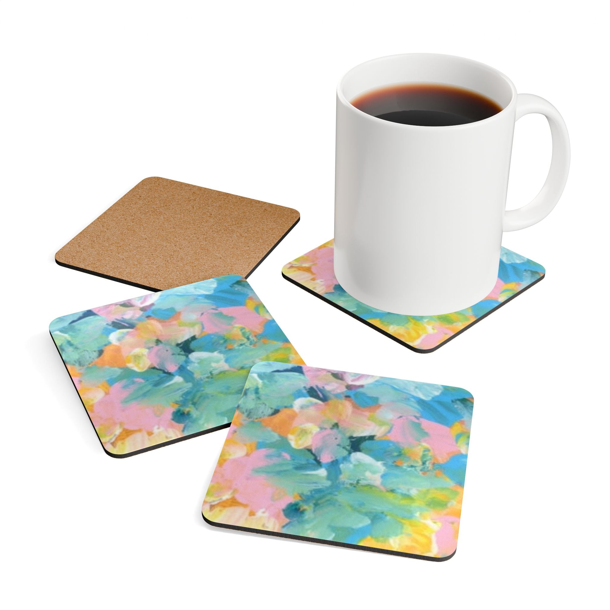Abstract Pastel Floral Cork Coaster Set — Colorful Spring Drink Coasters (4-Pack)