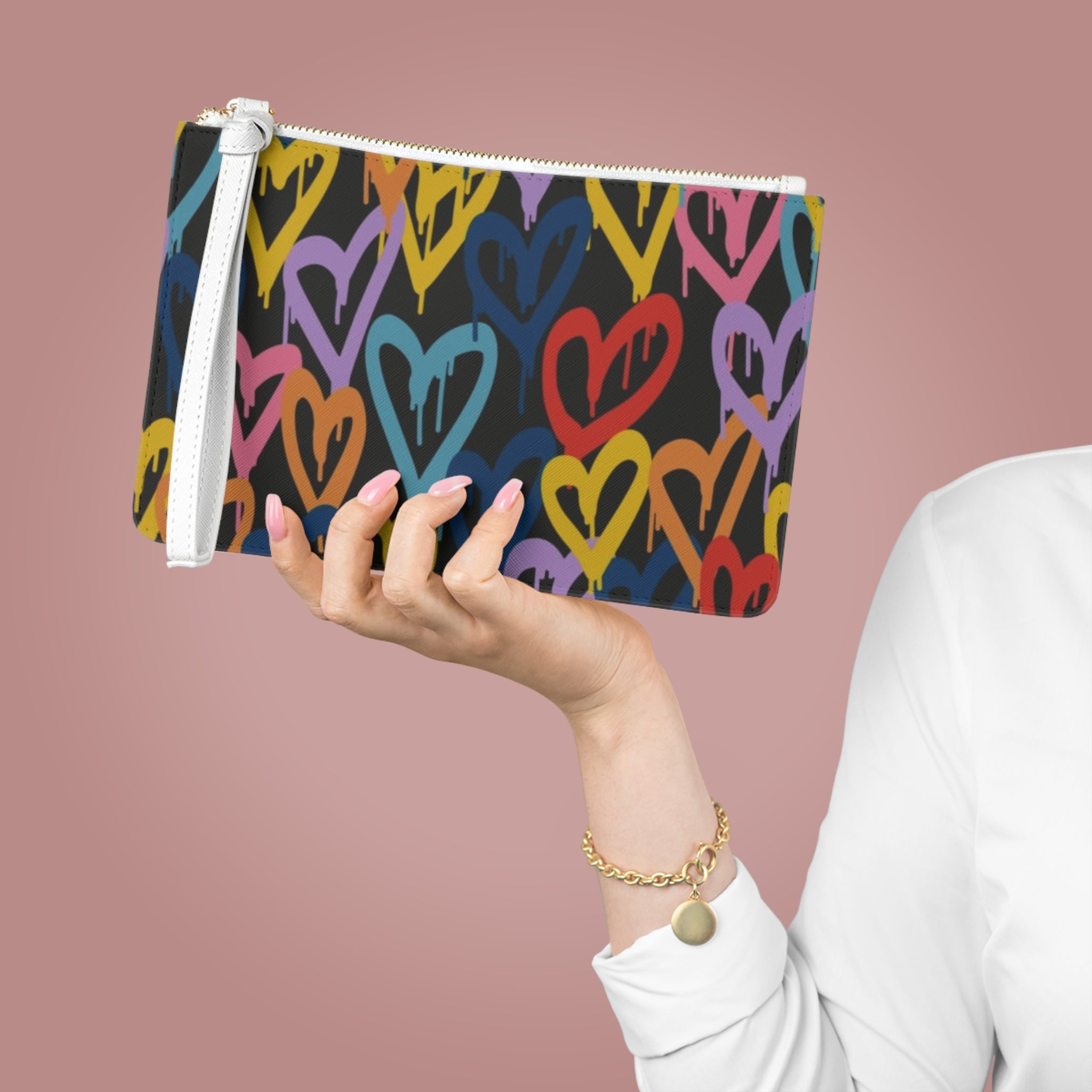 Colorful Graffiti Heart Clutch — Vibrant Rainbow Heart Wristlet Purse