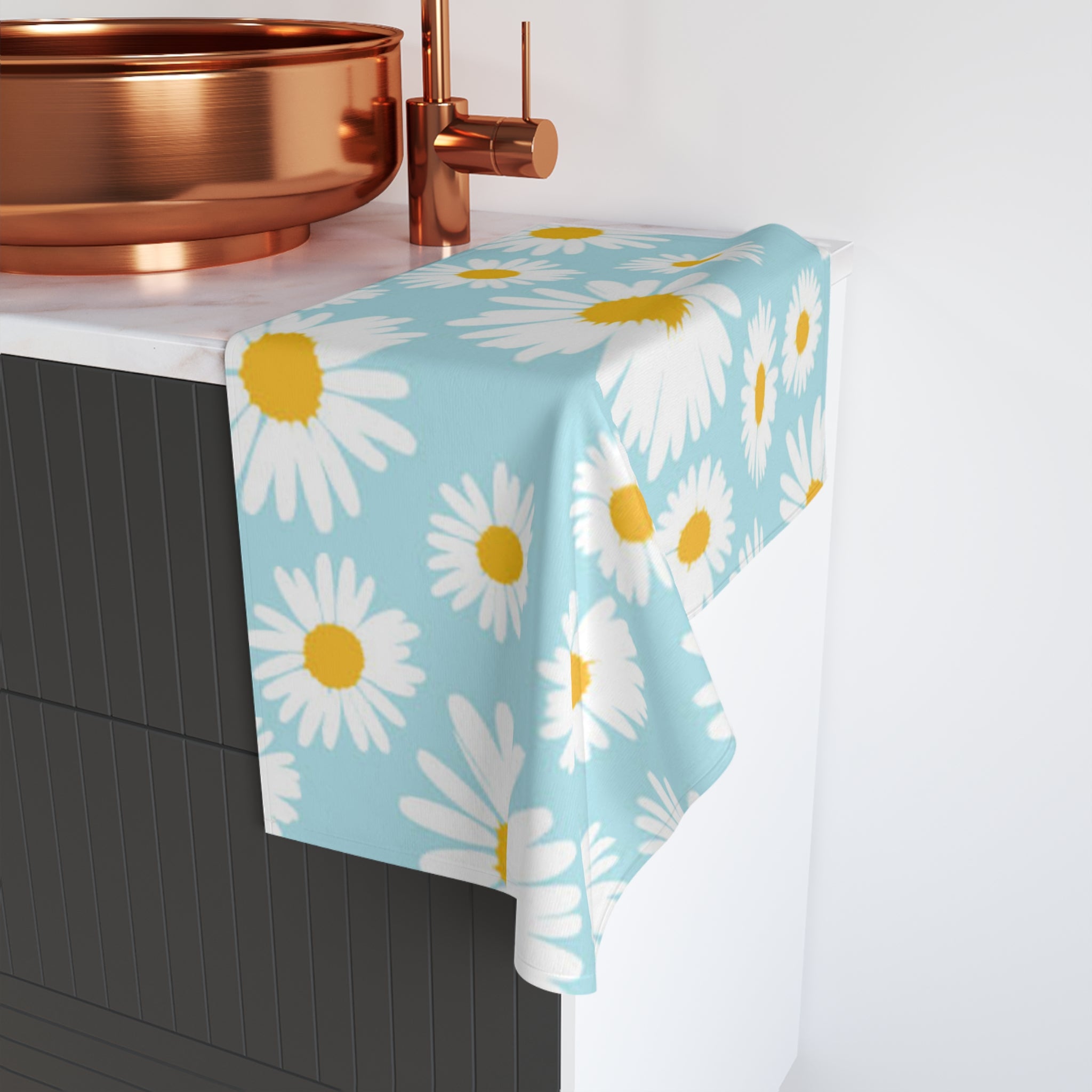 Daisy Print Hand Towel — Blue Floral Kitchen & Bath Accent