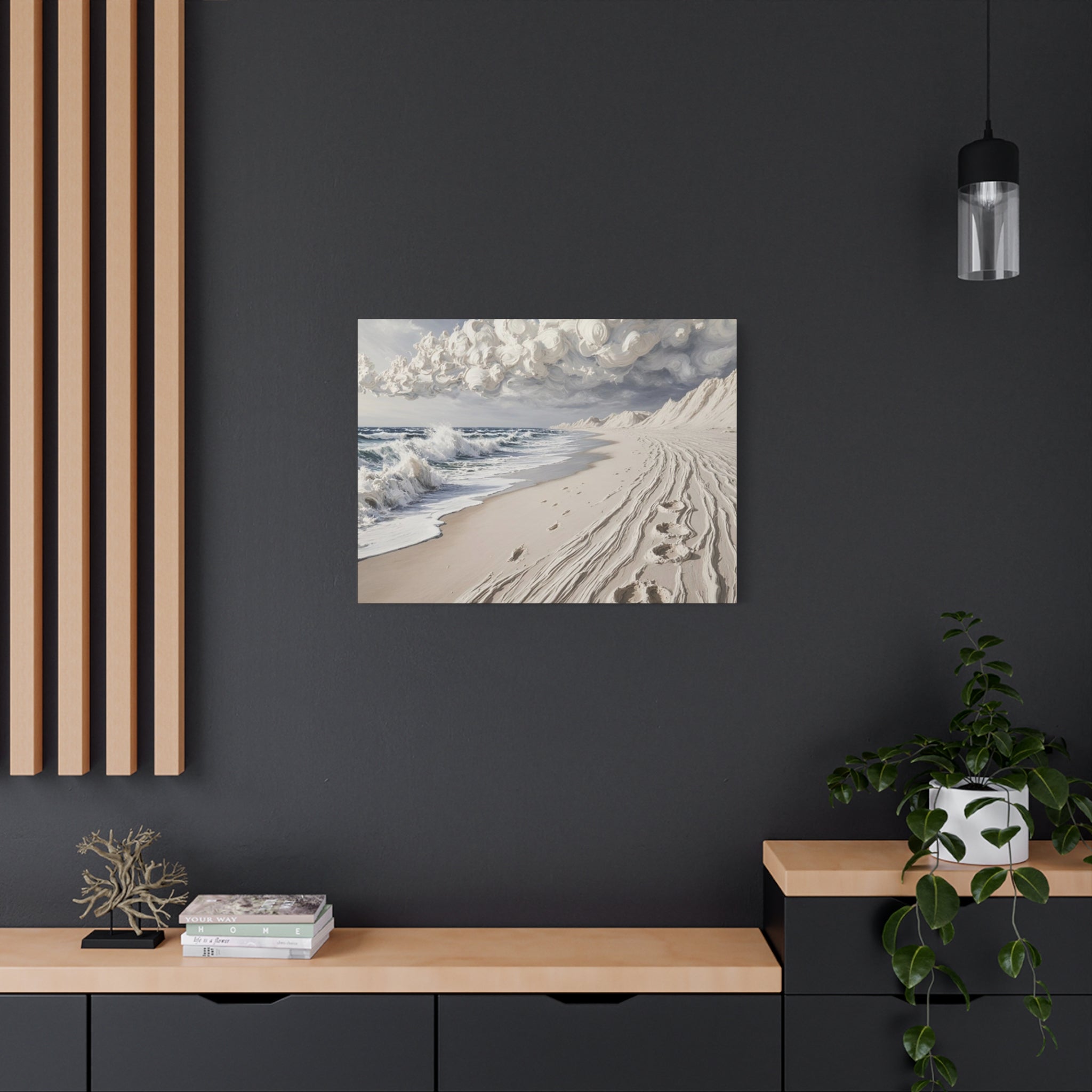 Coastal Serenity Matte Canvas Wall Art — Ocean Waves & Sandy Footprints