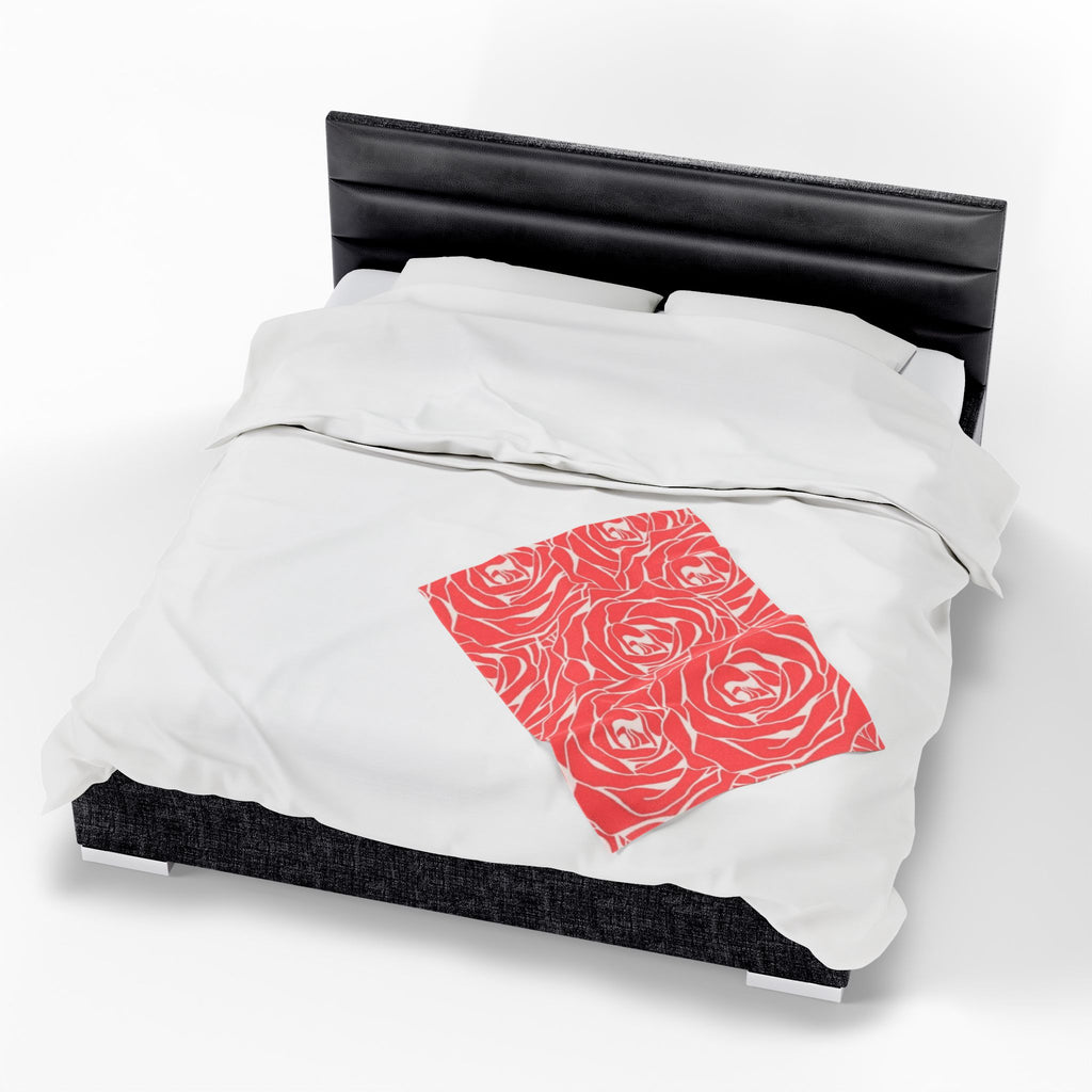 Rose Pattern Plush Blanket — Coral Velveteen Throw