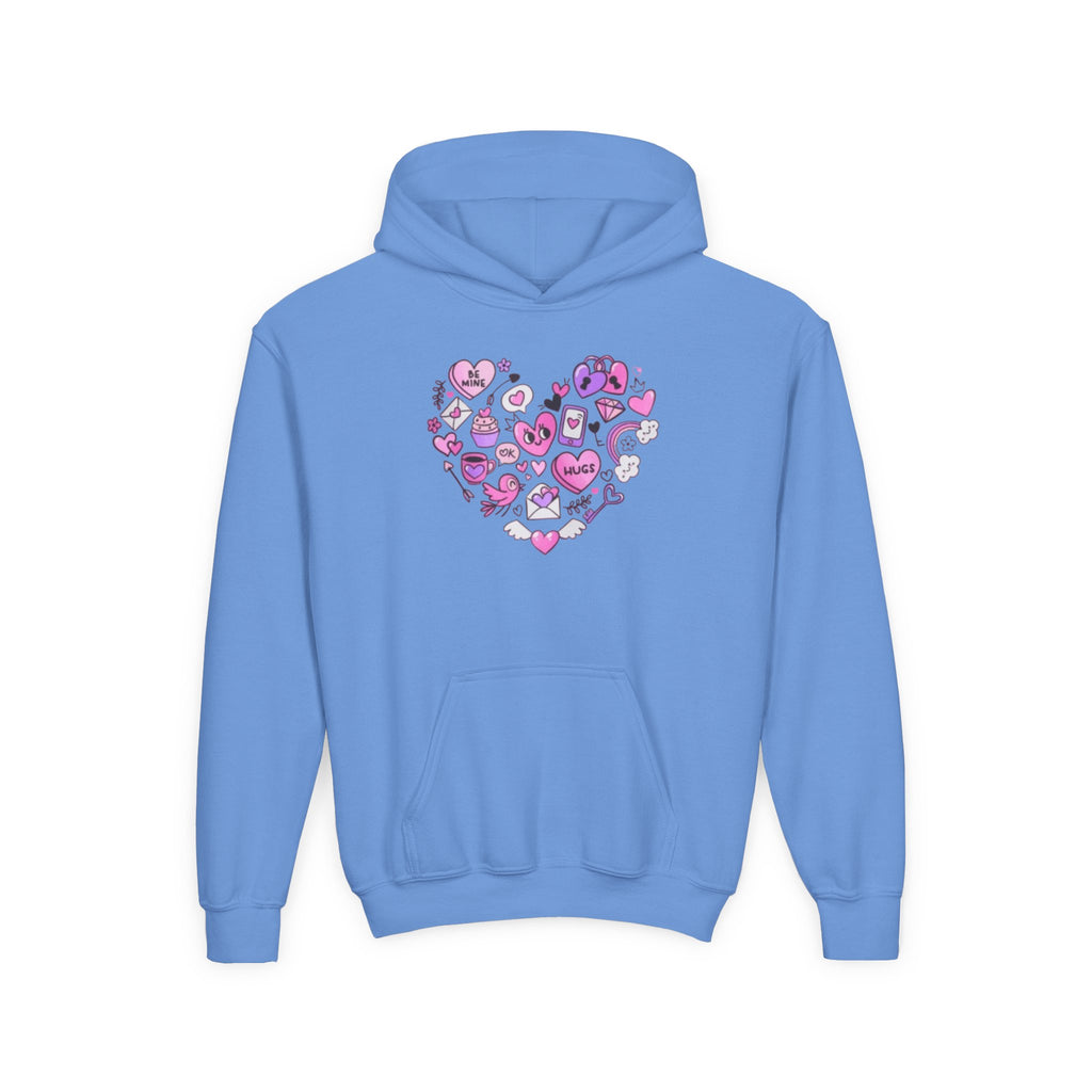 Youth Heart Doodle Hoodie — Pink Valentine Love Graphic Sweatshirt