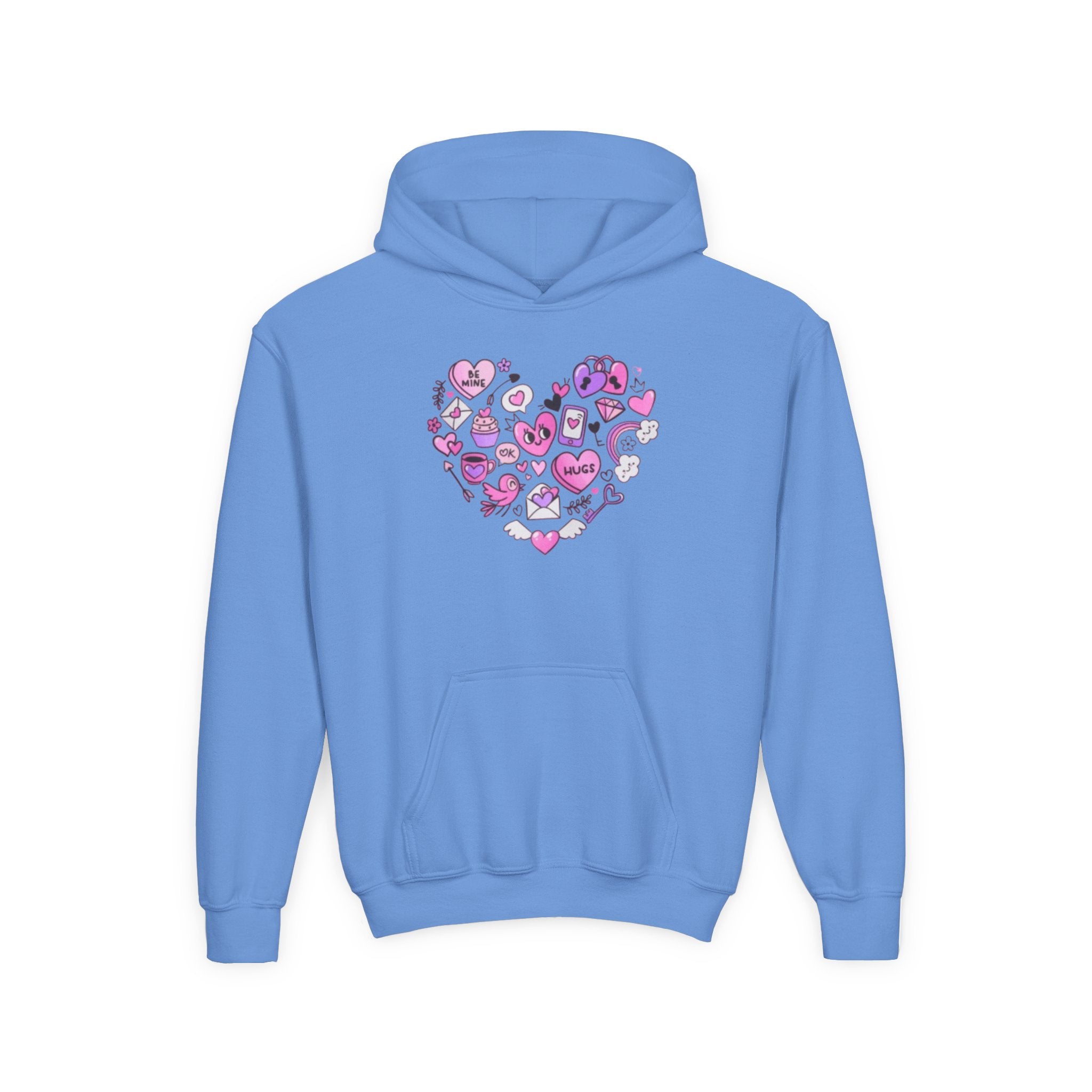 Youth Heart Doodle Hoodie — Pink Valentine Love Graphic Sweatshirt