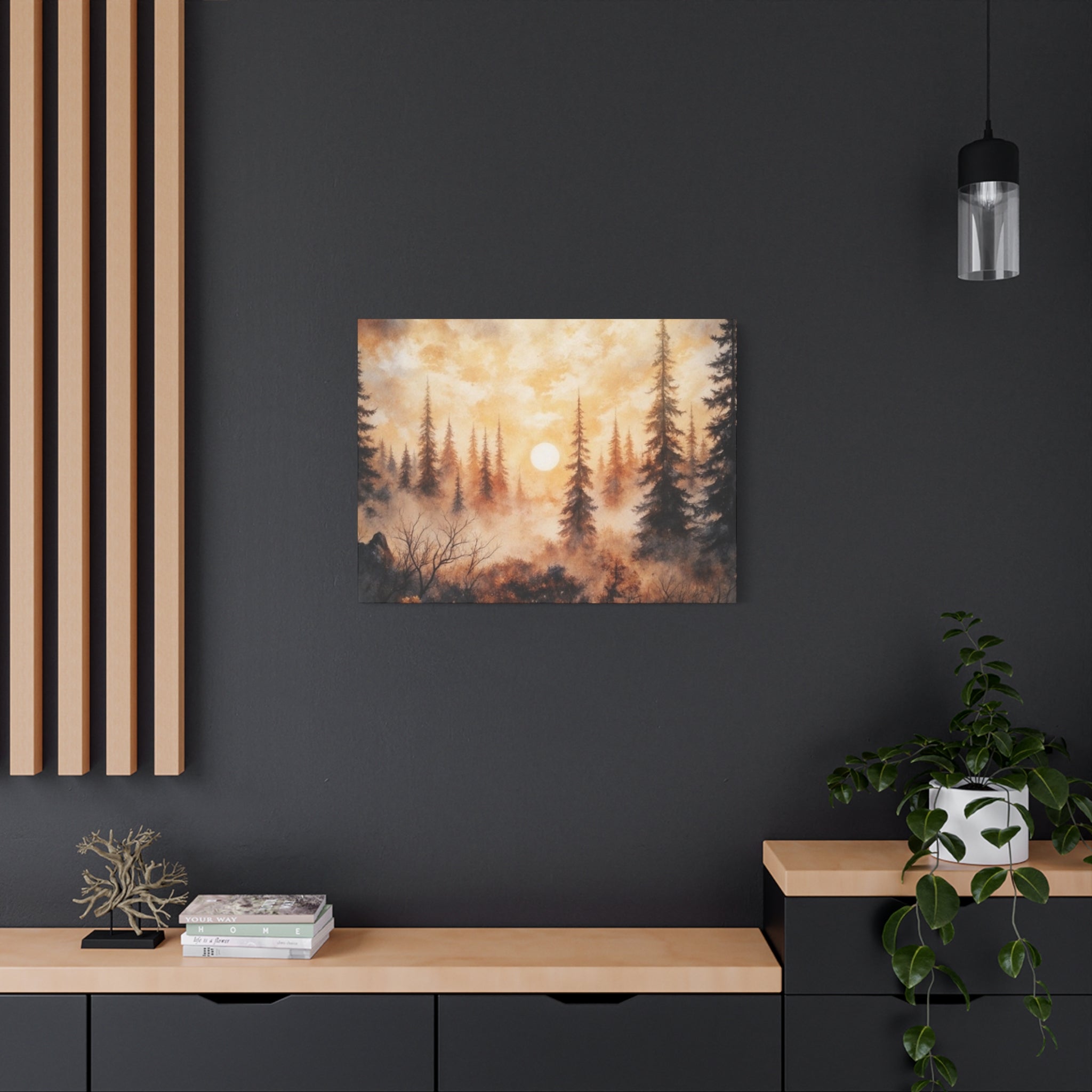 Canvas Wall Art - Misty Pine Forest Sunrise Matte Stretched Canvas
