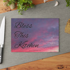 Glass Cutting Board – "Bless This Kitchen" Sunset Sky Decorative Chopping Board