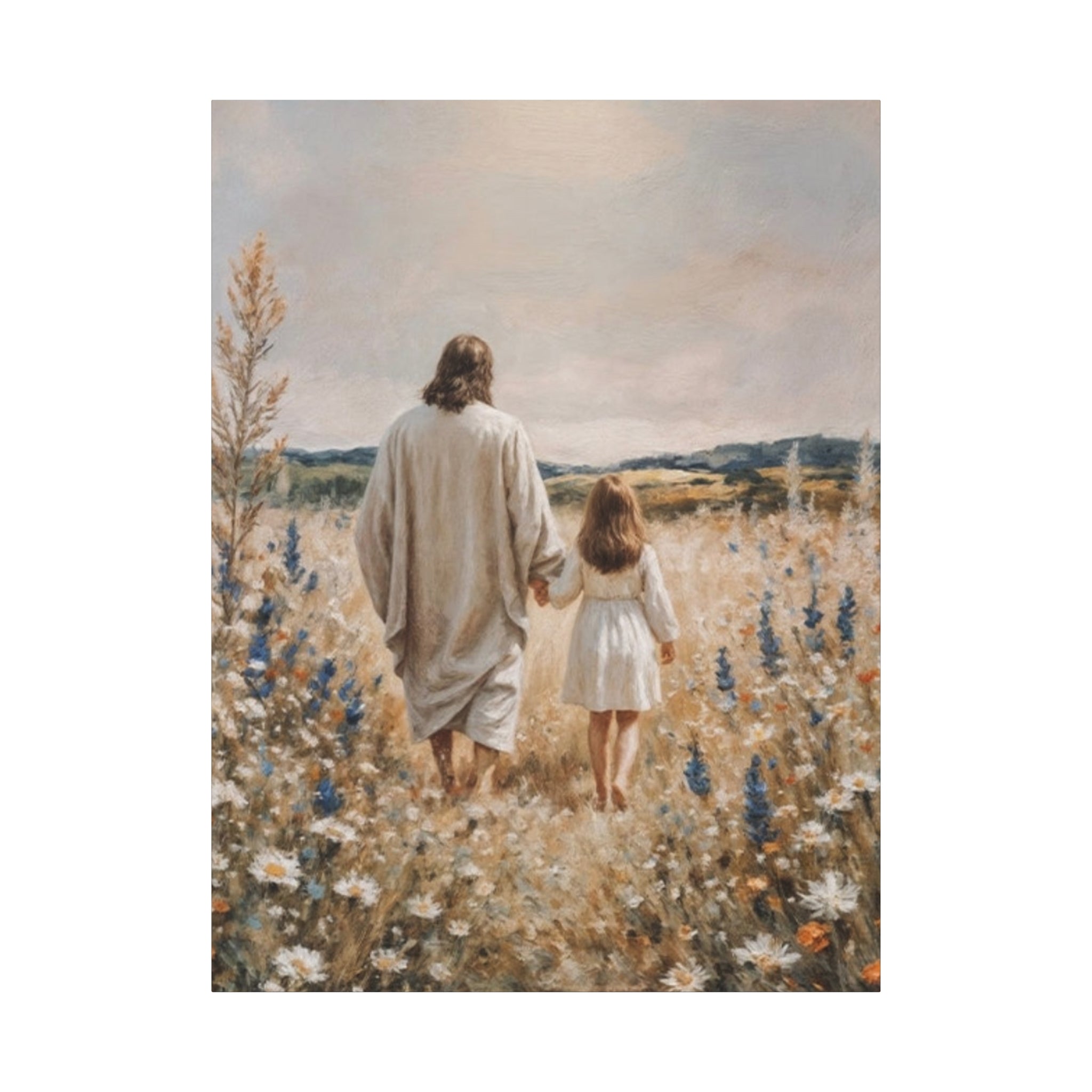 Jesus and Child Walking in Field Canvas Art - Religious Wall Decor