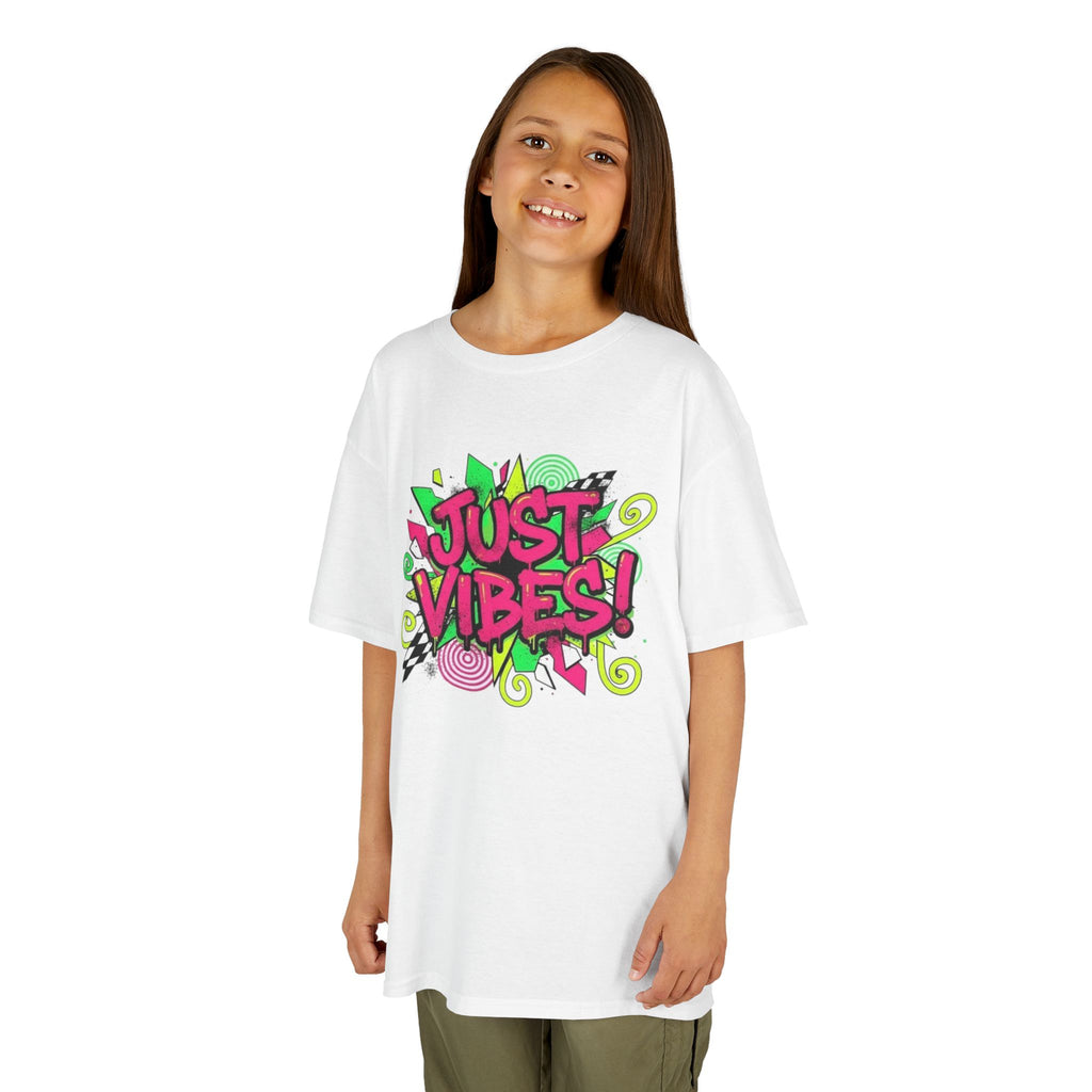 Kids T‑Shirt — "Just Vibes" Neon Graffiti Graphic Tee for Playful, Trendy Kids