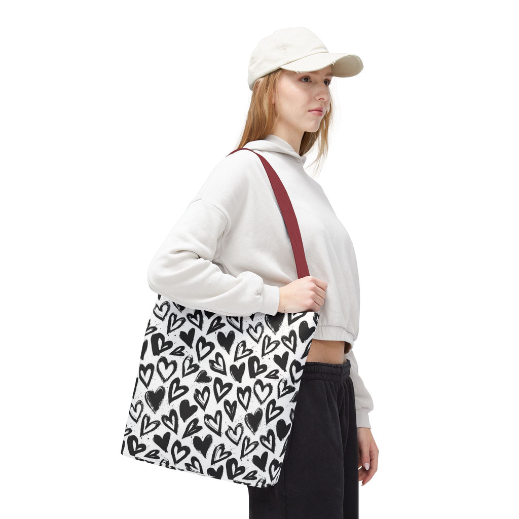 Heart Pattern Tote Bag — Black & White Hand-Drawn Hearts All-Over Print