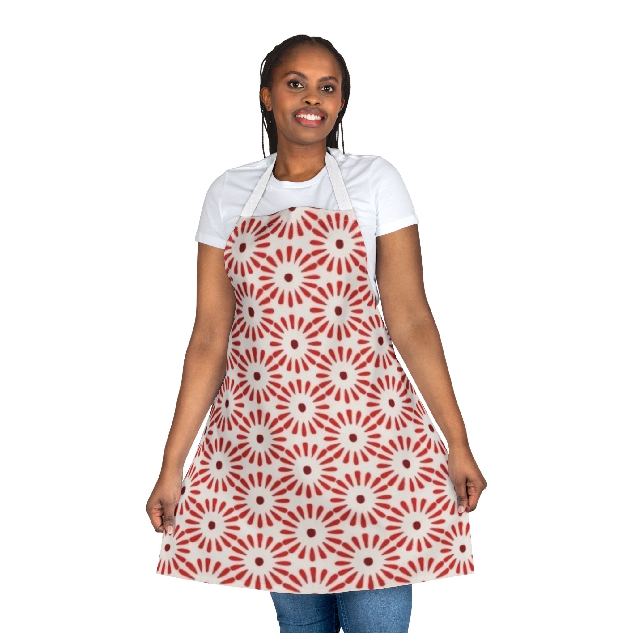 Red Floral Geometric Apron — Casual Kitchen Cooking & Baking Apron