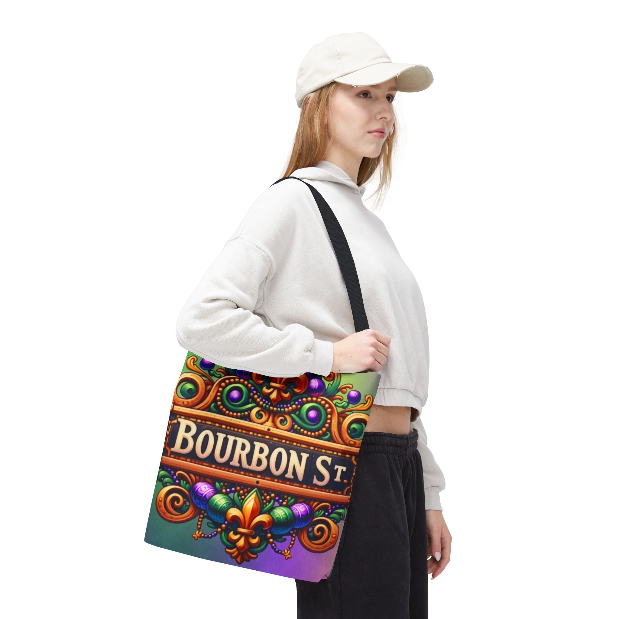 Bourbon St. Parade Tote Bag — Mardi Gras Fleur-de-Lis All-Over Print