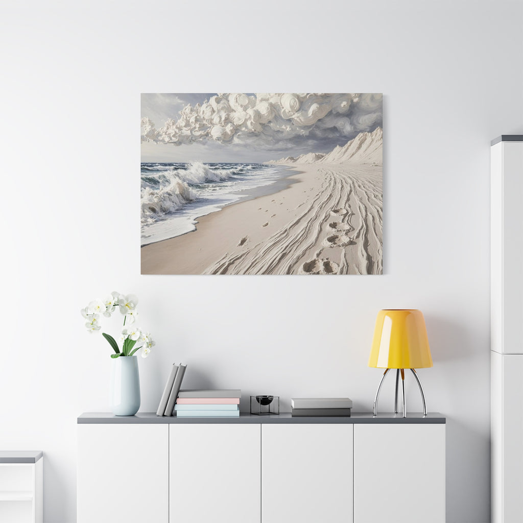 Coastal Serenity Matte Canvas Wall Art — Ocean Waves & Sandy Footprints