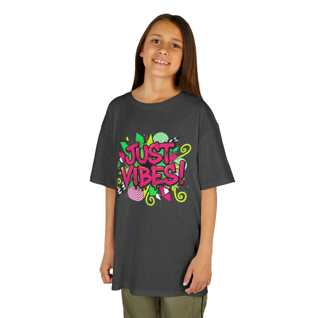Kids T‑Shirt — "Just Vibes" Neon Graffiti Graphic Tee for Playful, Trendy Kids