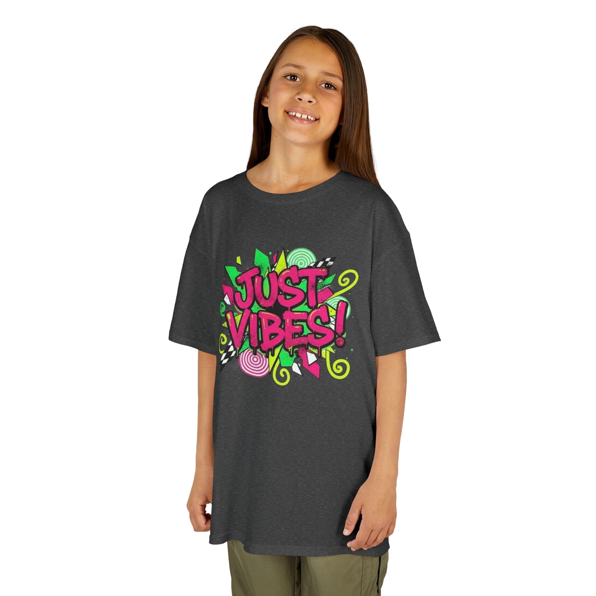 Kids T‑Shirt — "Just Vibes" Neon Graffiti Graphic Tee for Playful, Trendy Kids