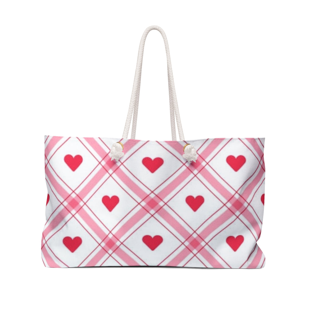 Heart Plaid Weekender Bag – Pink Red Travel Tote for Valentine’s Day