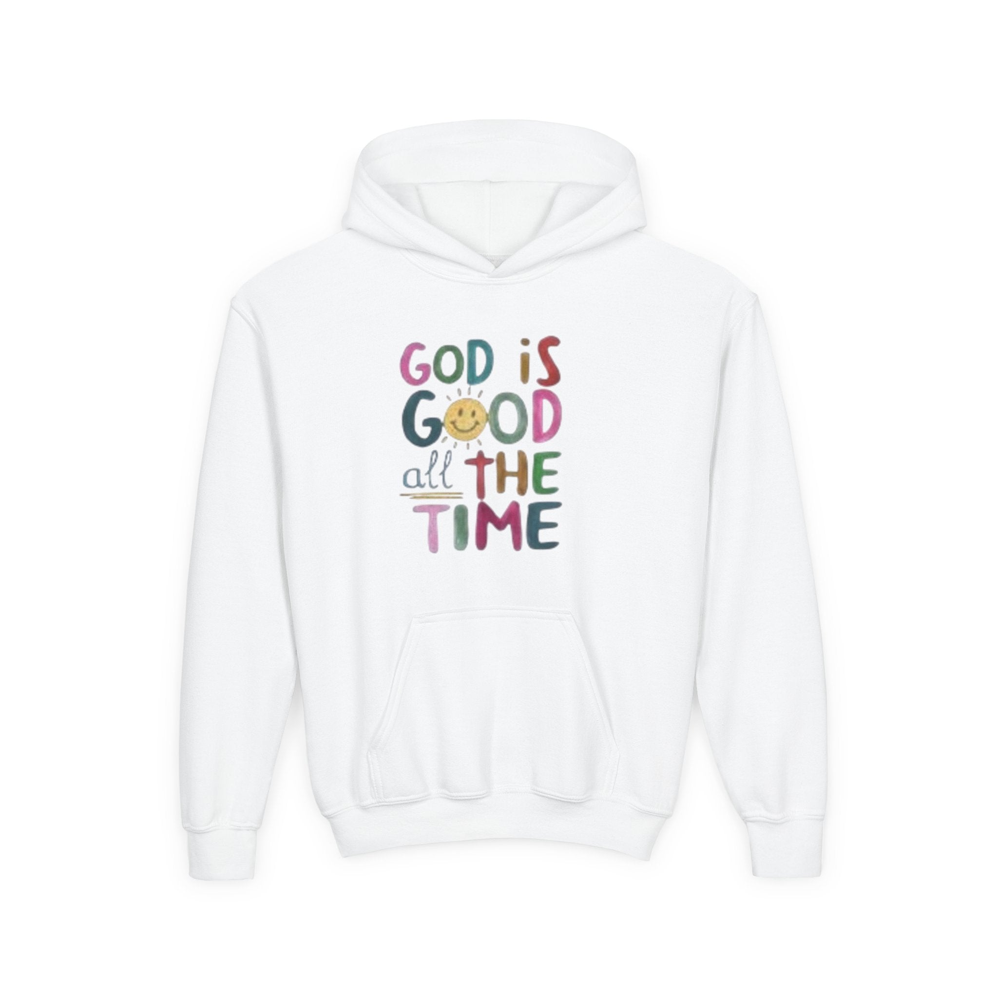 Youth Hoodie — "God Is Good All The Time" Colorful Faith Pullover