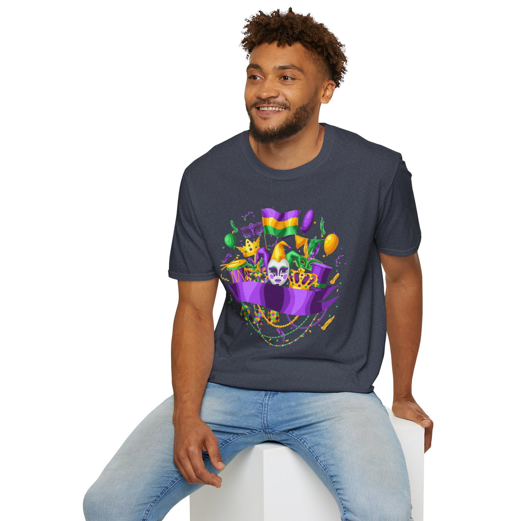 Mardi Gras Carnival T-Shirt — Festive Mask, Beads & Balloon Design