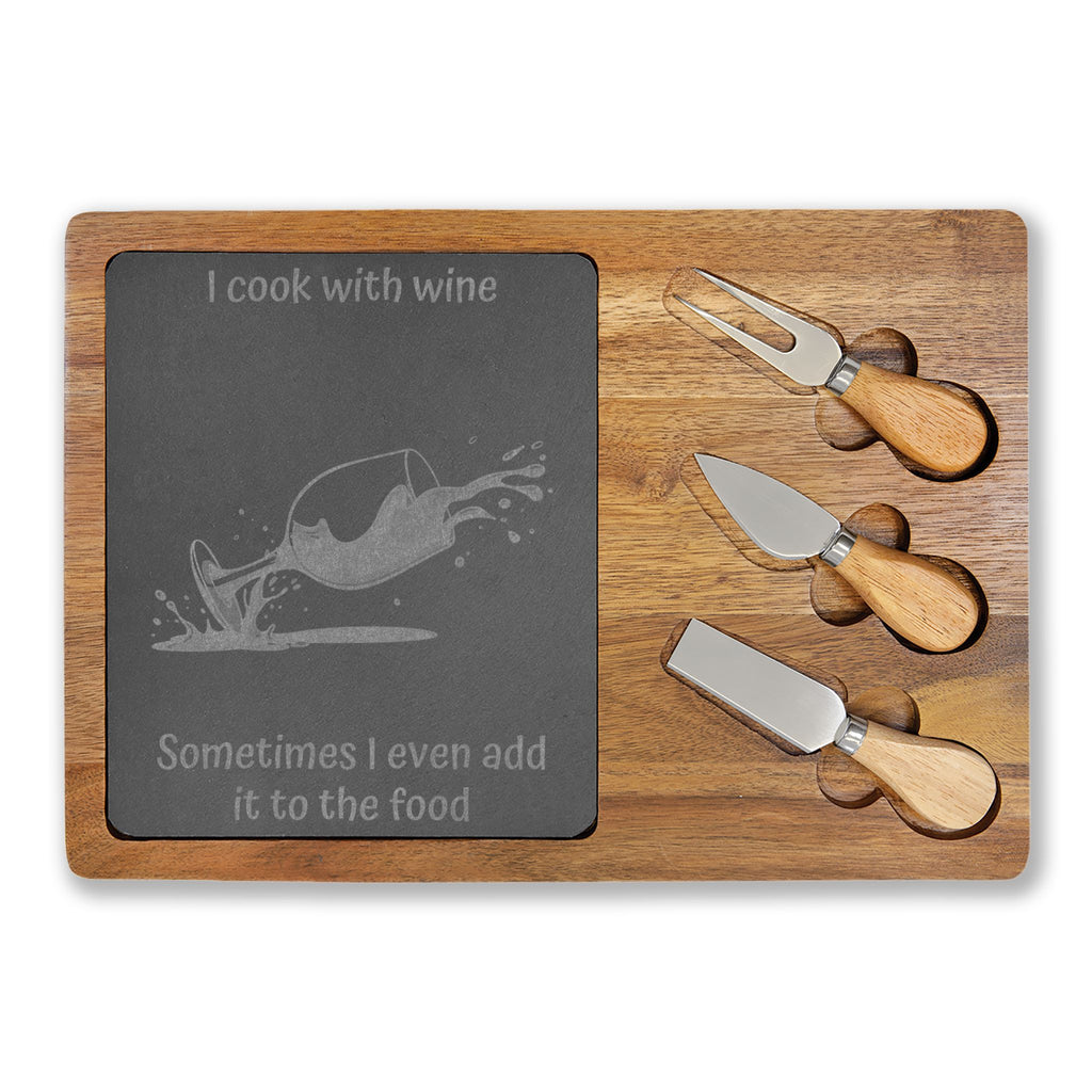 Engraved Wine Lover Charcuterie Board — "I cook with wine" Slate Serving Paddle
